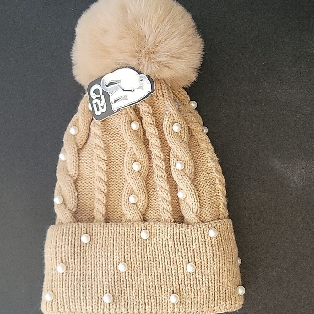 Beige Fur Lined Beanie Pom Hat With Faux Pearls - NWT
